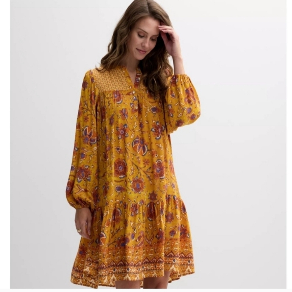 Farmers Market women’s long sleeves boho Mix Print Dress size M, 22"PTP, 38"L